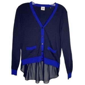 CAbi Michelle Navy Royal Blue Cotton Ruffle Hi Low Cardigan Small Style 5016